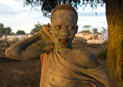 Mundari tribe boy covered in ash to protect from the mosquitoes and flies, Central Equatoria, Terekeka, South Sudan