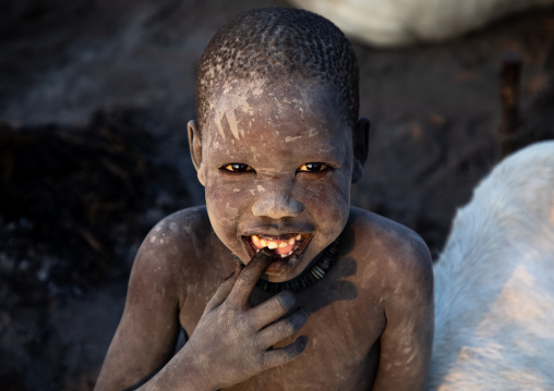 Smiling Mundari tribe boy covered in ash taking care of long horns cows in a camp, Central Equatoria, Terekeka, South Sudan