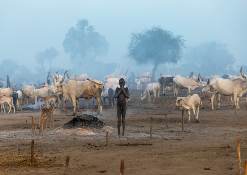 Mundari tribe boy taking care of the bonfires made with dried cow dungs to repel flies and mosquitoes, Central Equatoria, Terekeka, South Sudan