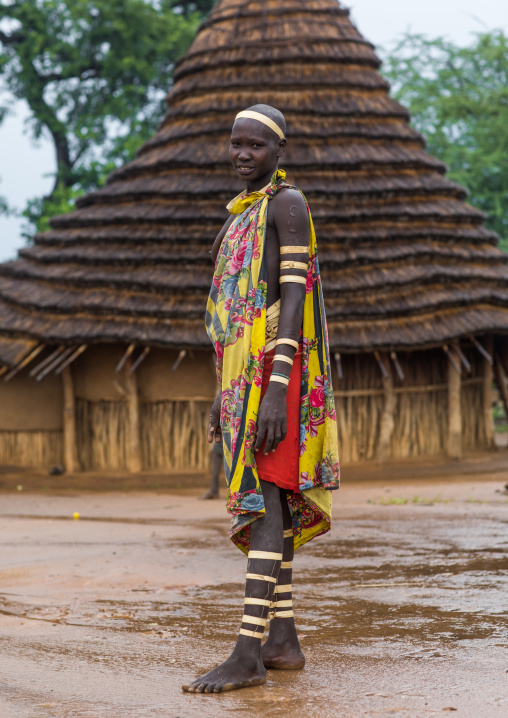 Portrait of a Larim tribe woman wearing bark bracelets as a sign of mourning, Boya Mountains, Imatong, South Sudan