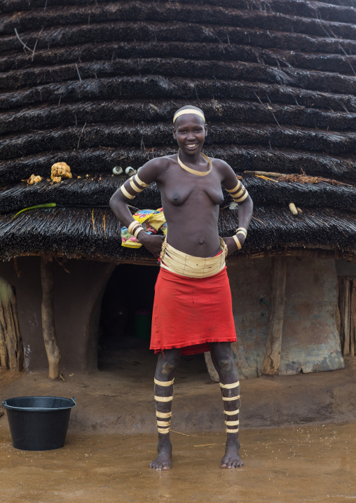 Portrait of a Larim tribe woman wearing bark bracelets as a sign of mourning, Boya Mountains, Imatong, South Sudan