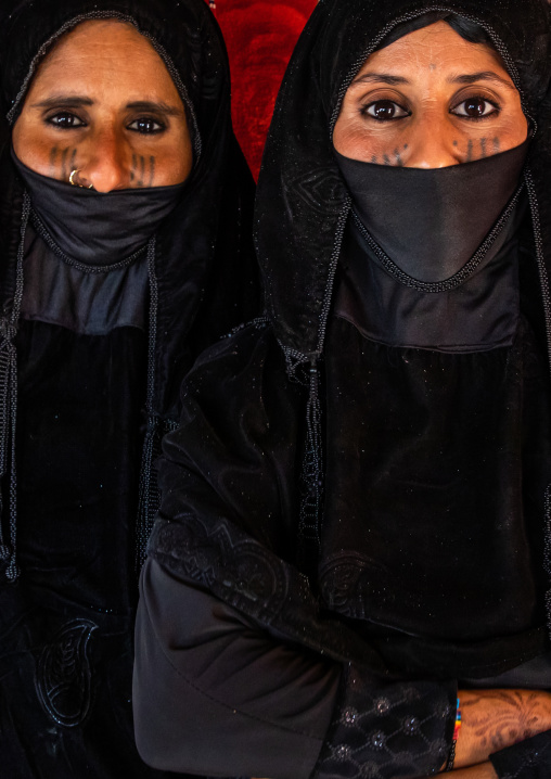 Portrait of Rashaida tribe veiled women inside a tent, Kassala State, Kassala, Sudan