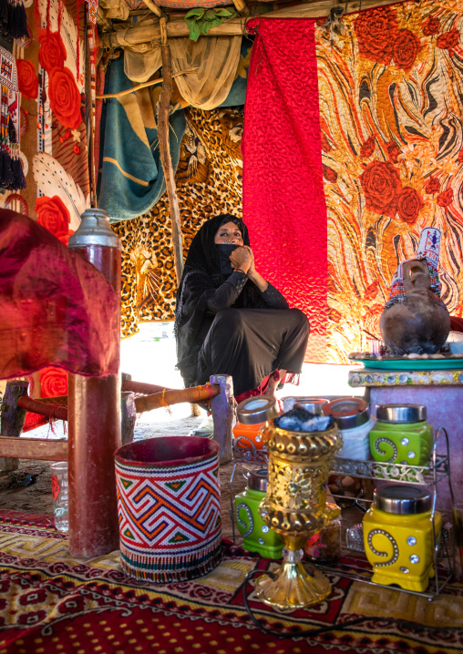 Rashaida tribe woman inside her tent, Kassala State, Kassala, Sudan