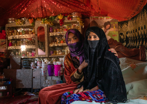 Portrait of Rashaida tribe veiled women inside their house, Kassala State, Kassala, Sudan