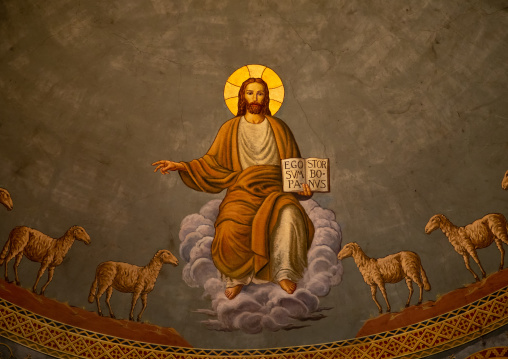 Jesus with sheeps fresco in st Matthew cathedral built by italian architects, Khartoum State, Khartoum, Sudan