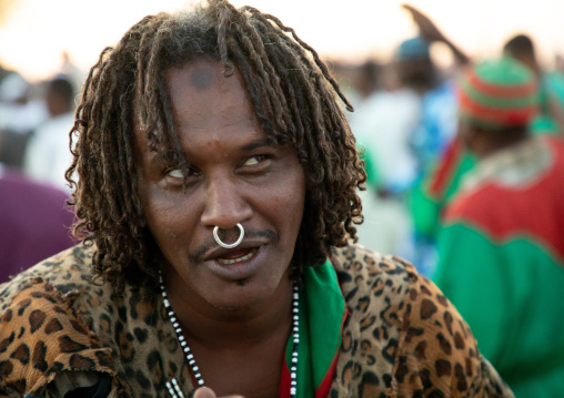 Sudanese man with a nose ring during friday sufi celebration at sheikh Hamad el Nil tomb, Khartoum State, Omdurman, Sudan