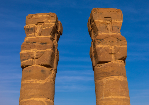 Hathor columns in the outer courtyard of the temple of mut at jebel Barkal, Northern State, Karima, Sudan