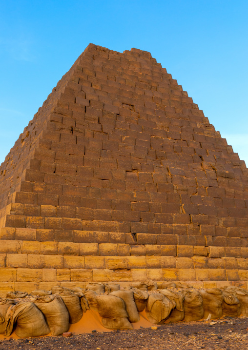 Sand bags protection a pyramids of the kushite rulers at Meroe, Northern State, Meroe, Sudan