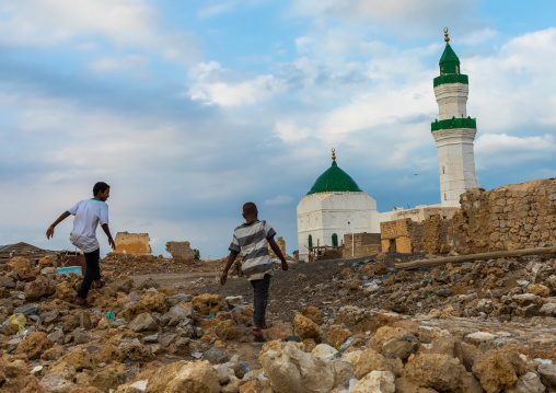 Sudanese children in front of el-Geyf mosque, Red Sea State, Suakin, Sudan