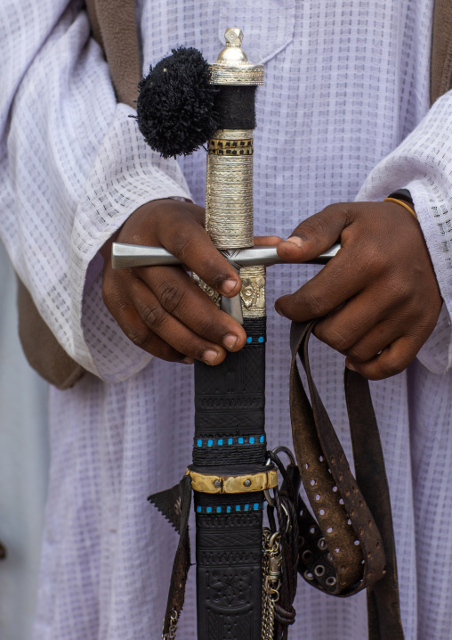 Beja tribe warrior with his sword, Red Sea State, Port Sudan, Sudan