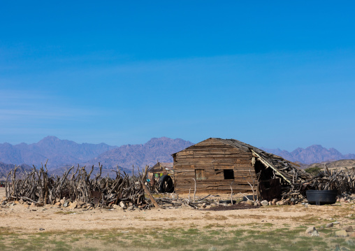 Wooden Beja house in an arid landscape, Red Sea State, Port Sudan, Sudan