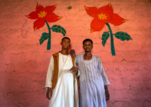 Sudanese men in a restaurant with decorated walls, Kassala State, Kassala, Sudan