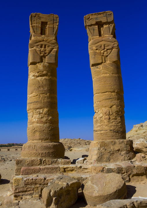 Sudan, Northern Province, Karima, hatoric style columns in the outer courtyard of the temple of amun and mut at the base of the jebel barkal