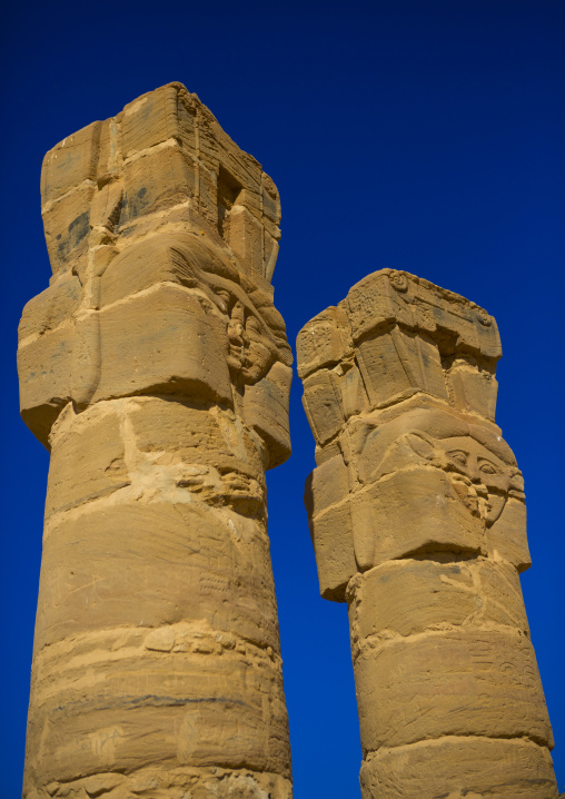 Sudan, Northern Province, Karima, hatoric style columns in the outer courtyard of the temple of amun and mut at the base of the jebel barkal