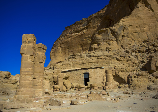 Sudan, Northern Province, Karima, hatoric style columns in the outer courtyard of the temple of amun and mut at the base of the jebel barkal