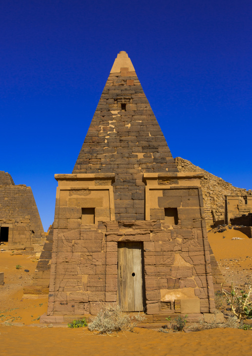 Sudan, Kush, Meroe, pyramid and tomb in royal cemetery