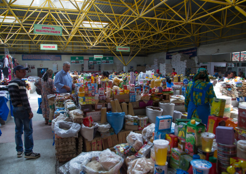 A variety of products in packets and boxes in a stall, Gorno-Badakhshan autonomous region, Khorog, Tajikistan