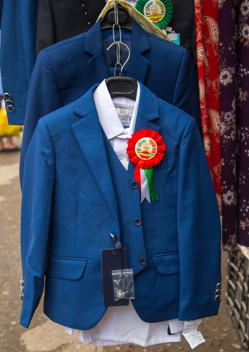 School uniforms for sale in a local market, Gorno-Badakhshan autonomous region, Khorog, Tajikistan