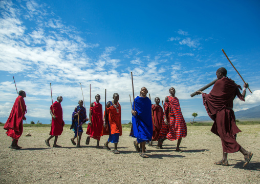 Tanzania, Ashura region, Ngorongoro Conservation Area, maasai men performing the warriors' dance