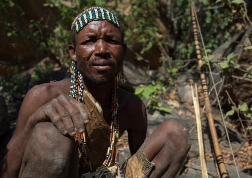 Tanzania, Serengeti Plateau, Lake Eyasi, hadzabe man with bow and arrow