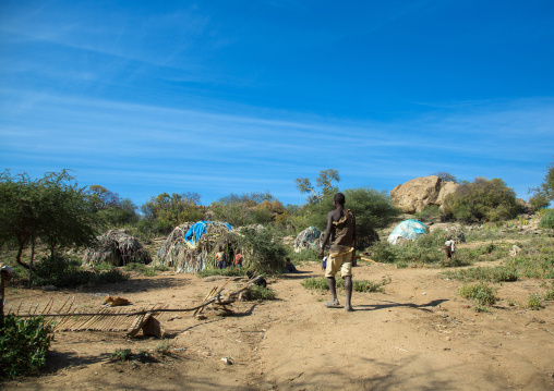 Tanzania, Serengeti Plateau, Lake Eyasi, hadzabe tribe traditional huts made with sisal agaves in a village