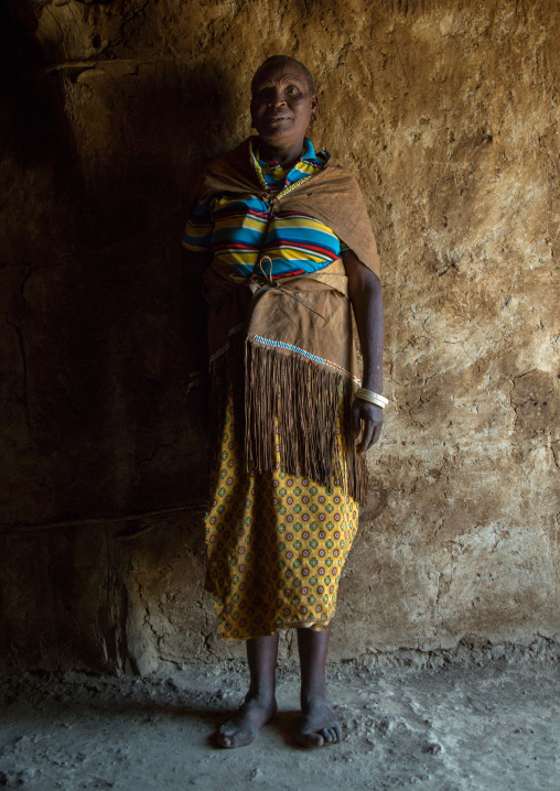 Tanzania, Serengeti Plateau, Lake Eyasi, datoga tribe woman wearing a leather dress