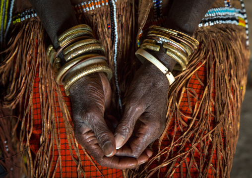 Tanzania, Serengeti Plateau, Lake Eyasi, the numerous decorated iron, brass, copper and leather bracelets worn by a datoga woman