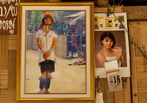 Long neck pictures on a bamboo house, Thailand