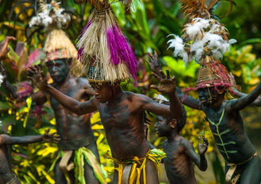 Small Nambas tribesmen with Big headdresses dancing during the palm tree dance, Malekula island, Gortiengser, Vanuatu