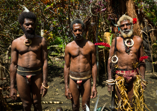 Portrait of chieftain Etul and his sons in front of the nakamal, Ambrym island, Fanla, Vanuatu