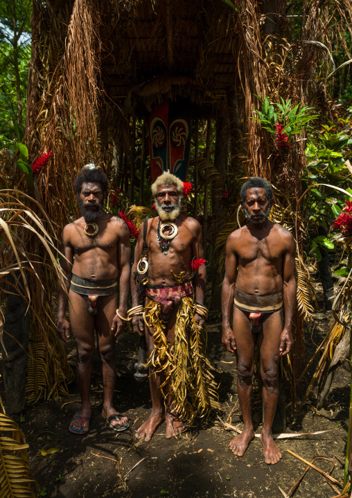 Portrait of chieftain Etul and his sons in front of the nakamal, Ambrym island, Fanla, Vanuatu