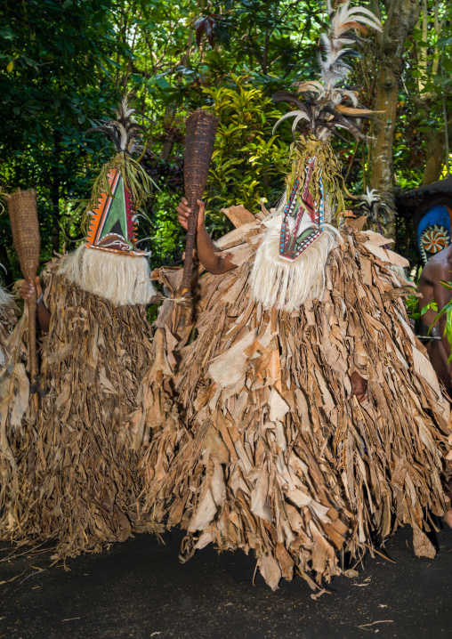 Tribesmen dressed in colorful masks and costumes made from the leaves of banana trees performing a Rom dance, Ambrym island, Fanla, Vanuatu