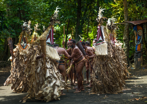 Rom dance masks and giant slit drum during a ceremony, Ambrym island, Fanla, Vanuatu