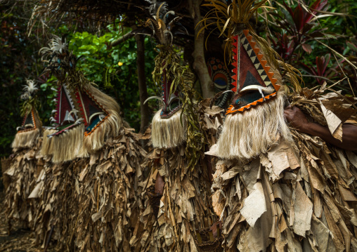 Tribesmen dressed in colorful masks and costumes made from the leaves of banana trees performing a Rom dance, Ambrym island, Fanla, Vanuatu