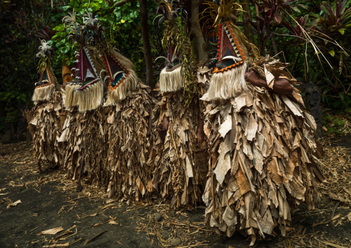 Tribesmen dressed in colorful masks and costumes made from the leaves of banana trees performing a Rom dance, Ambrym island, Fanla, Vanuatu