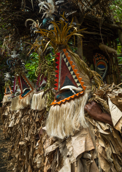 Tribesmen dressed in colorful masks and costumes made from the leaves of banana trees performing a Rom dance, Ambrym island, Fanla, Vanuatu