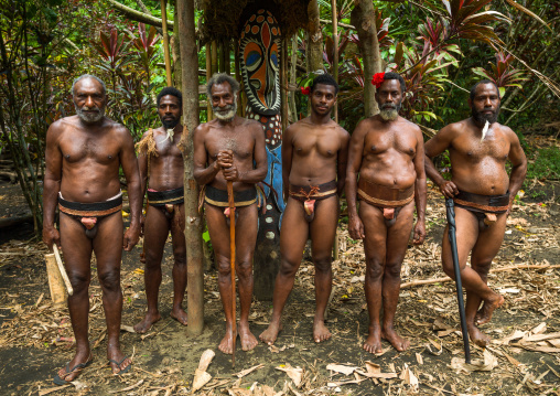 Tribesmen wearing traditional penis sheaths called nambas, Ambrym island, Fanla, Vanuatu