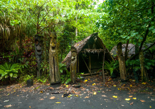 Slit gong drums in front of a nakamal in the jungle, Ambrym island, Olal, Vanuatu