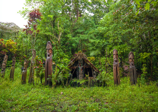 Slit gong drums in the jungle on a ceremonial ground called nasara, Ambrym island, Olal, Vanuatu