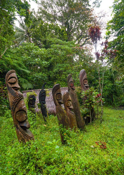 Slit gong drums in the jungle on a ceremonial ground called nasara, Ambrym island, Olal, Vanuatu