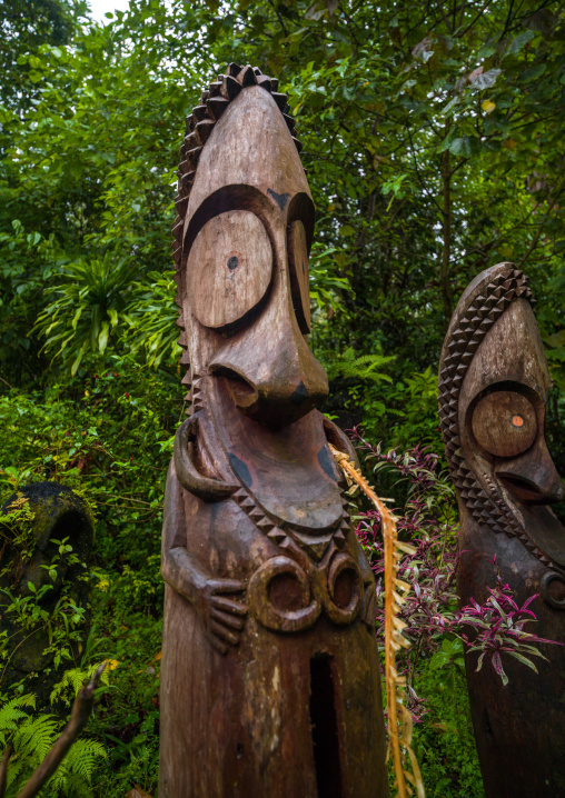 Slit gong drums in the jungle on a ceremonial ground called nasara, Ambrym island, Olal, Vanuatu