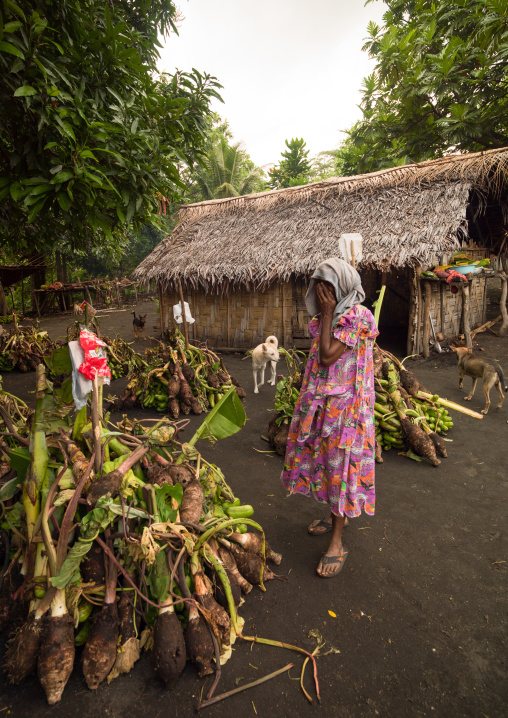 Old woman in front of yams roots offered as gifts for a traditional wedding, Malampa Province, Ambrym island, Vanuatu