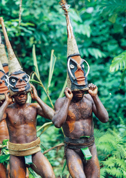 Tribesmen dancing in the jungle with helmet masks for a circumcision ceremony, Malampa province, Malekula island, Vanuatu