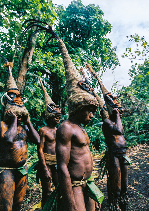 Tribesmen dancing in the jungle with helmet masks for a circumcision ceremony, Malampa province, Malekula island, Vanuatu