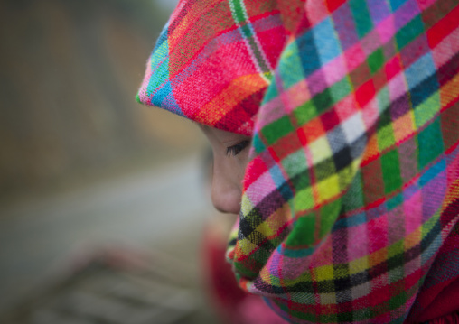 Flower hmong girl wearing a colourful veil, Sapa, Vietnam