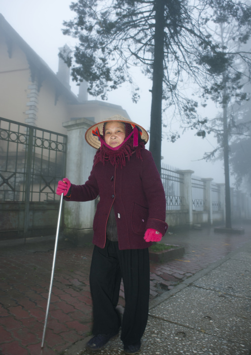 Old woman with a walking stick in the streets of sapa, Vietnam