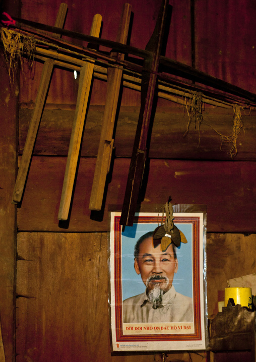 Portait of ho chi minh inside a red dzao house, Sapa, Vietnam