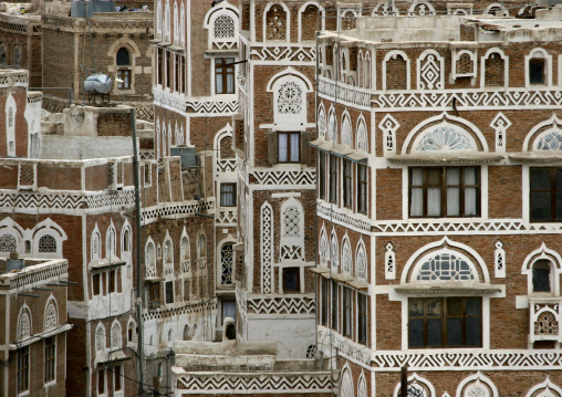 Traditional Storeyed Tower Houses Built Of Rammed Earth In The Old Fortified City Of Sanaa, Yemen