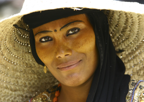 Portrait Of A Woman With Painted Eyebrows And Wearing A Straw Hat, Jebel Saber, Taiz, Yemen