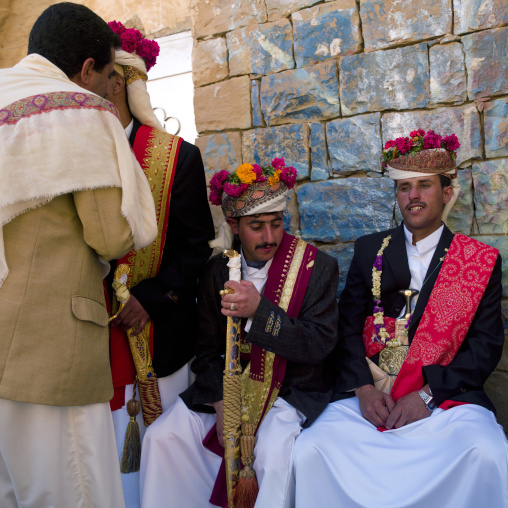 Grooms With Traditional Turbans Decorated With Flowers Standing In Line During A Wedding, Thula, Yemen